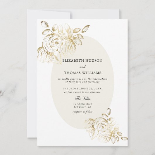 Peony Sketch Imitate Gold Classic Flora Frame Wedd Einladung (Vorderseite)