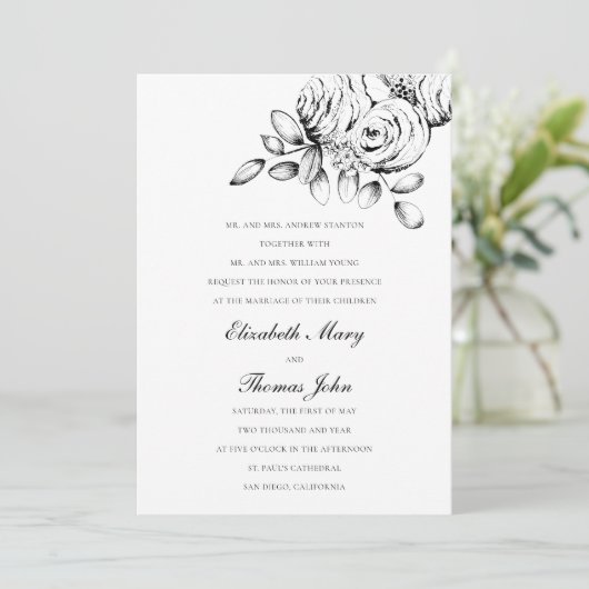 Peony Sketch Schwarz-weiße formale klassische Hoch Einladung (Stehend Vorderseite)