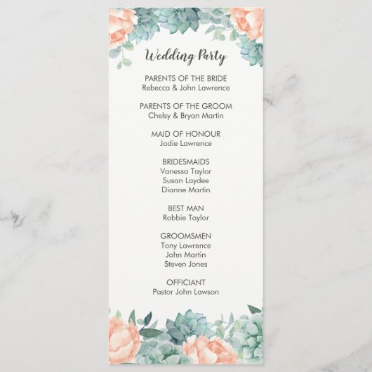 Peony Succulents Foliage Wedding Program Programm (Rückseite)