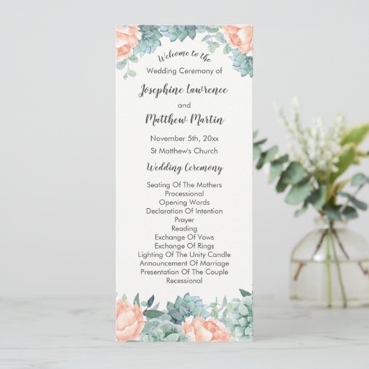 Peony Succulents Foliage Wedding Program Programm (Stehend Vorderseite)