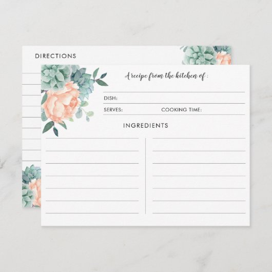 Peony Succules Botanical Recipe Cards Begleitkarte (Vorne/Hinten)