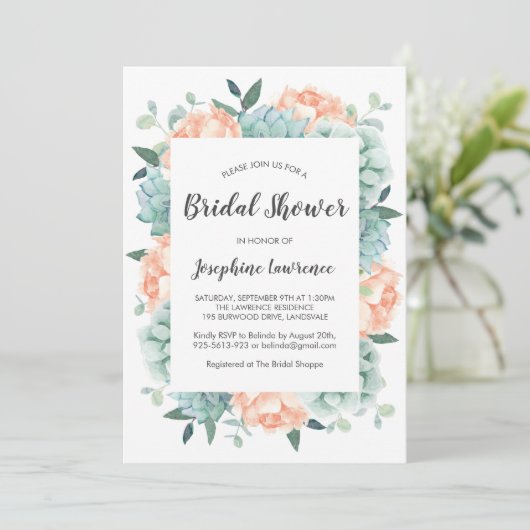 Peony & Succules Wasserfarbenes Brautparty Einladung (Stehend Vorderseite)