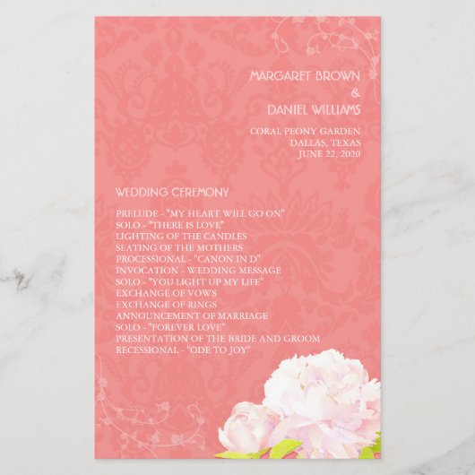 Peony Theme Coral Wedding Vertical Program (Vorderseite)