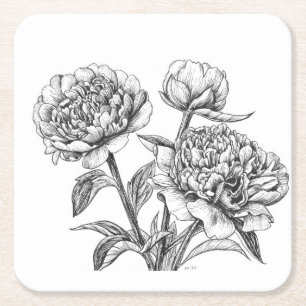 Peony Tinte zeichnend Rechteckiger Pappuntersetzer