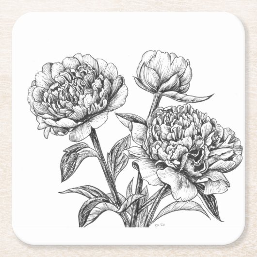 Peony Tinte zeichnend Rechteckiger Pappuntersetzer (Vorderseite)