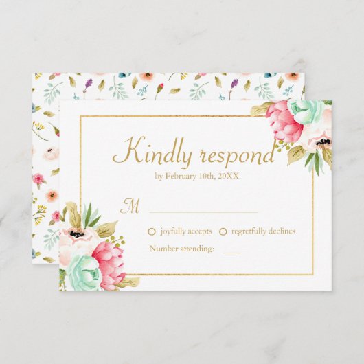 Peony Watercolor Elegante Gold Frame Wedding RSVP (Vorne/Hinten)