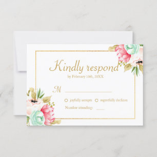 Peony Watercolor Elegante Gold Frame Wedding RSVP Karte