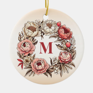 Peonys Blumenkranz mit Personalisierter Monogramm Keramik Ornament
