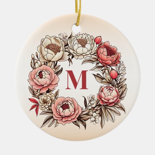 Peonys Blumenkranz mit Personalisierter Monogramm Keramik Ornament (Vorne)