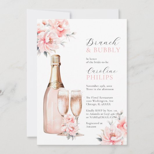 Peonys Blush Pink Brunch & Bubbly BRAUTPARTY Einladung (Vorderseite)