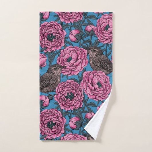 Peonys und Warnen auf blau Badhandtuch Set (Handtuch)