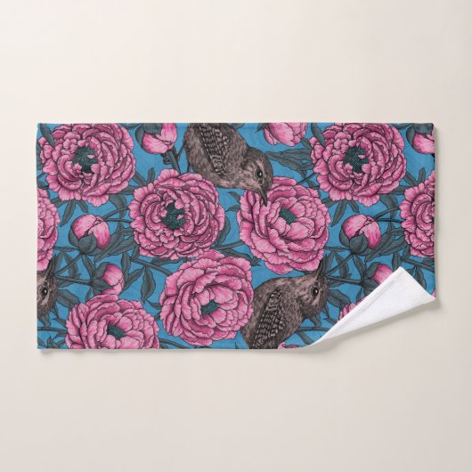 Peonys und Warnen auf blau Badhandtuch Set (Handtuch)