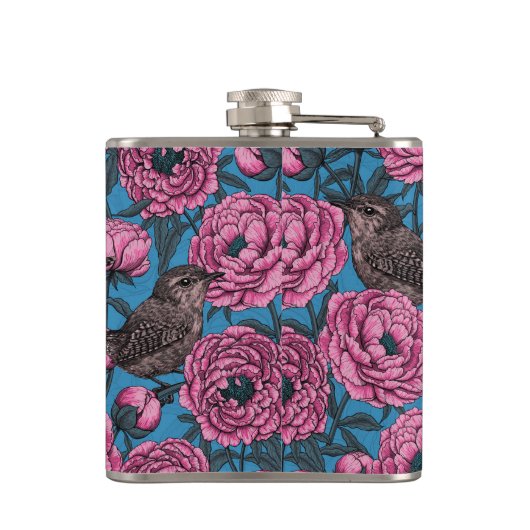 Peonys und Warnen auf blau Flachmann (Rückseite)