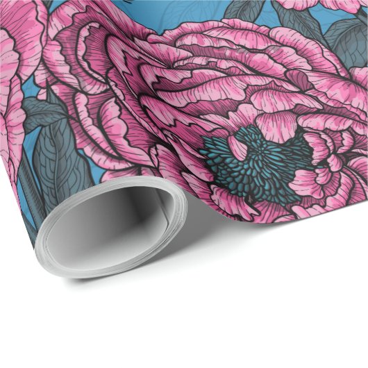 Peonys und Warnen auf blau Geschenkpapier (Rolleneckpunkt)