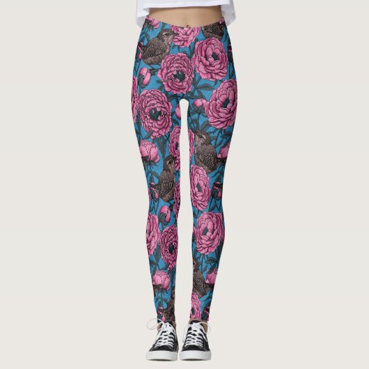 Peonys und Warnen auf blau Leggings (Vorderseite)