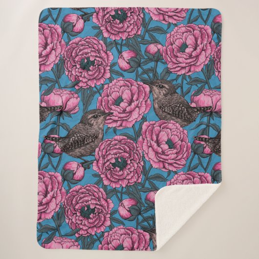 Peonys und Warnen auf blau Sherpadecke (Vorderseite)