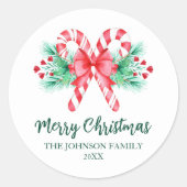 Peppermint Candy Canes und Bow Weihnachten Runder Aufkleber (Vorderseite)