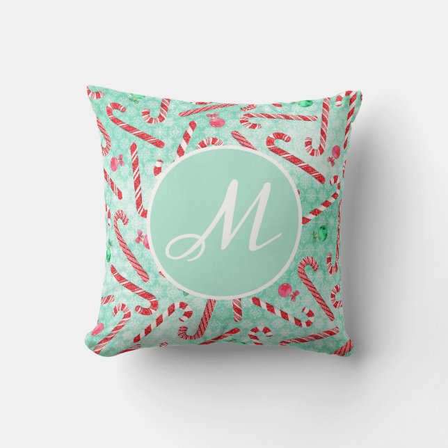 Peppermint Christmas Candy Cane Monogram Kissen (Vorderseite)