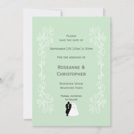 Peppermint farbige Braut- und Bauernzeitung Save The Date (Vorderseite)