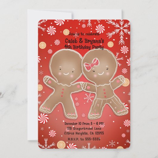 Peppermint Gingerbread Boy & Girl Birthday Party Einladung (Vorderseite)