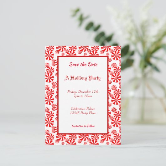 Peppermint Pattern Holiday Editable Save the Date Postkarte (Stehend Vorderseite)