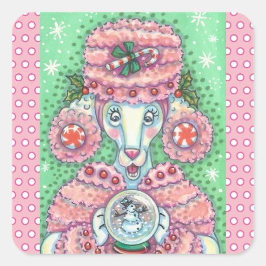 PEPPERMINT PINK POODLE, CHRISTMAS DOG STICKERS Squ (Vorderseite)