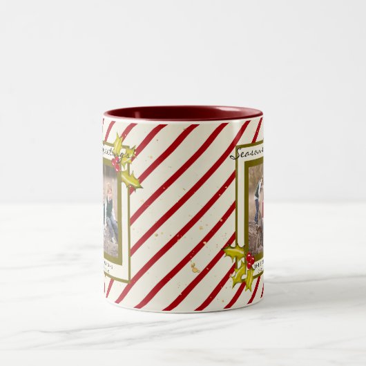 Peppermint Stripe Holly Farmhouse Foto Weihnachten Zweifarbige Tasse (Mittel)