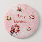 Peppermint Weihnachtsgebäck Party Rosa Schneeflock Button (Vorderseite)