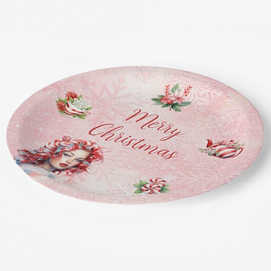 Peppermint Weihnachtsgebäck Party Rosa Schneeflock Pappteller (Schrägansicht)