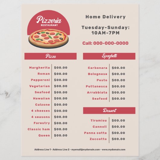 Pepperoni Pizza - Pizzeria Menu & Price List Flyer (Vorne)
