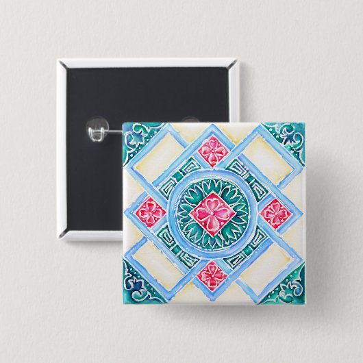 Peranakan Geometric Tile Aquamariner Platz Button (Vorne & Hinten)