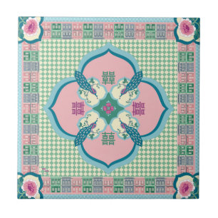 Peranakan-Pfau-Doppelglück-Fliese – Pastell N Fliese