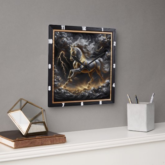 Percheron Horse Timepiece: Sturmmetall, Custom Gol Quadratische Wanduhr (Büro)