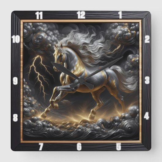 Percheron Horse Timepiece: Sturmmetall, Custom Gol Quadratische Wanduhr (Vorderseite)