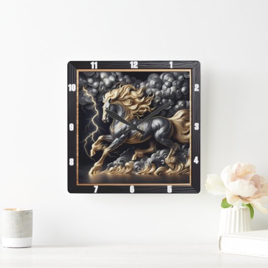 Percheron Pferdezeit: Goldmetall, Kunststurm Quadratische Wanduhr (Zuhause)