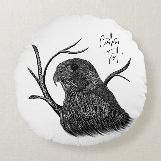 Peregrine Falcon in Baumzweigen mit Handschrift Rundes Kissen (Vorderseite)