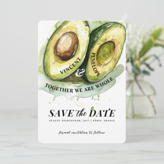 Perfect Match Avocado Wedding Save the Date Einladung (Stehend Vorderseite)