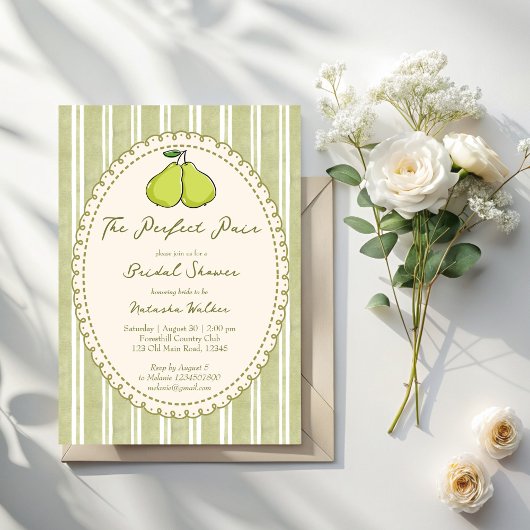 Perfect pair sage green stripe pear bridal shower einladung