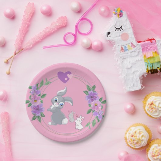 Perfect Pink Easter Bunny with Babies Pappteller (Party)