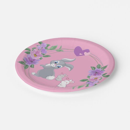 Perfect Pink Easter Bunny with Babies Pappteller (Schrägansicht)