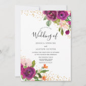 Perfekte Hochzeit: Burgund Pink Blume Gold Glitzer Einladung (Vorderseite)