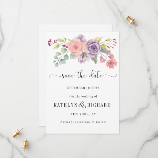 Perfekte Pastelltöne, stilvolle Blumenmuster Save The Date (Vorderseite/Rückseite Beispiel)