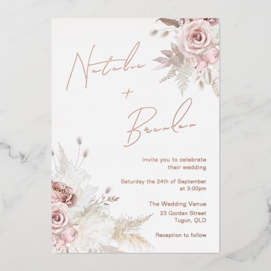 Perfekter Tag: Schöne Blush-Rose GoldWedding Folieneinladung (Vorderseite)