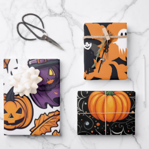 Perfektes Halloween Pumpkin Hexenhut Ghosts Design Geschenkpapier Set
