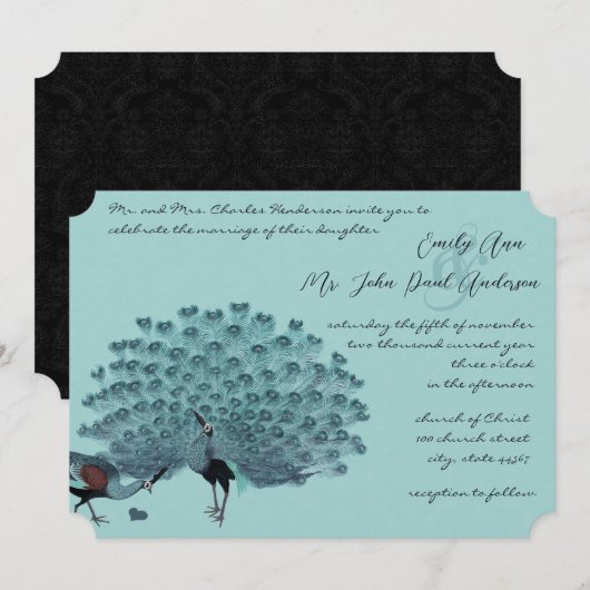 Perfektes Paar Aqua Silver Peacock Metallische Ele Einladung (Vorne/Hinten)