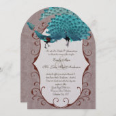 Perfektes Paar Aquamarin & Mink Damask Peacock Einladung (Vorne/Hinten)