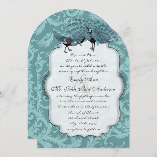 Perfektes Pair Sea Blue Damask Peacock Elegante Einladung (Vorne/Hinten)