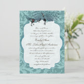 Perfektes Pair Sea Blue Damask Peacock Elegante Einladung (Stehend Vorderseite)
