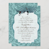 Perfektes Pair Sea Blue Damask Peacock Elegante Einladung (Vorne/Hinten)