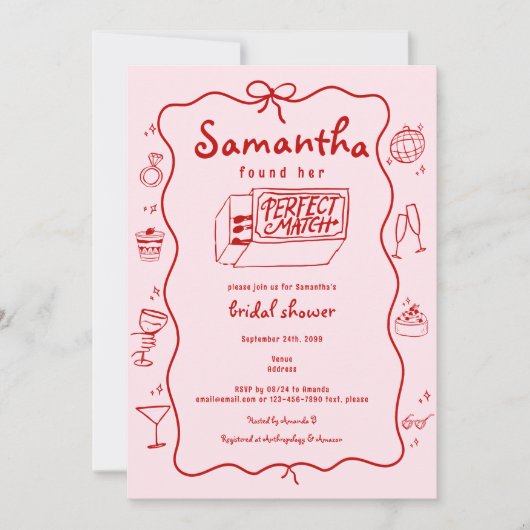 Perfektes passendes handgezeichnetes Coquette-Brau Einladung (Vorderseite)